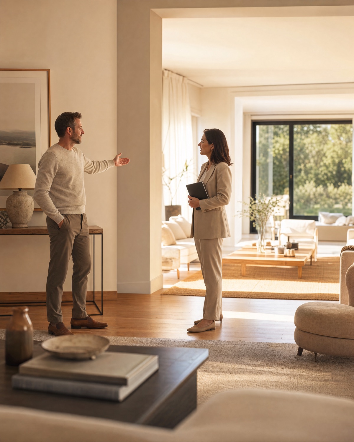 Un conseiller LGM Immobilier visite un intérieur baigné de lumière avec son propriétaire — l'estimation se fait sur place.