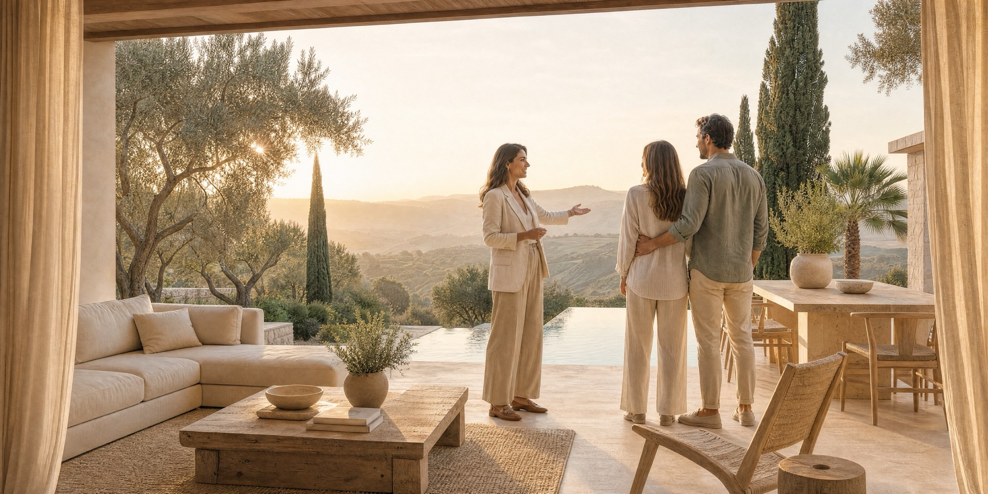 Une conseillère LGM Immobilier présente à un couple un mas provençal en pierre et sa vue sur les collines, au soleil couchant